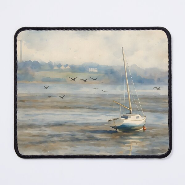Item preview, Sailboat at Low Tide with Wind Turbines – Coastal Watercolor Art designed and sold by M.ALK.Watercolor.