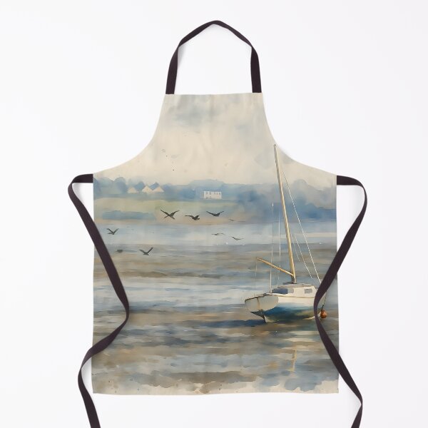 Item preview, Sailboat at Low Tide with Wind Turbines – Coastal Watercolor Art designed and sold by M.ALK.Watercolor.