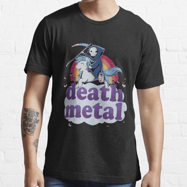'Death Metal' - The Grim Reaper Riding a Unicorn in Front of a Rainbow Design! Essential T-Shirt