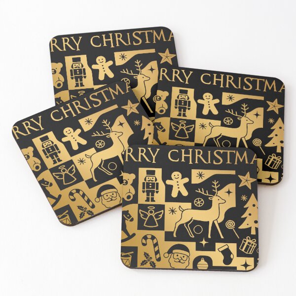 Item preview, Christmas greetings, holiday themed patchwork collage with festive symbols and icons in black and gold designed and sold by 4Seasons.