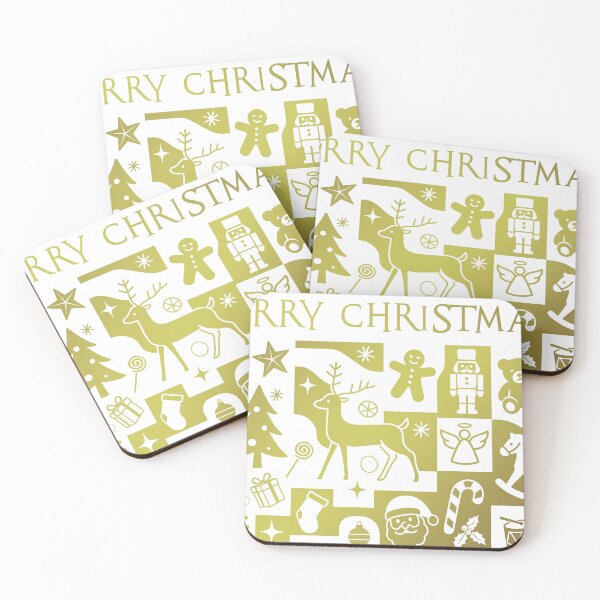 Item preview, Christmas greetings, holiday themed patchwork collage with festive symbols and icons in white and gold designed and sold by 4Seasons.