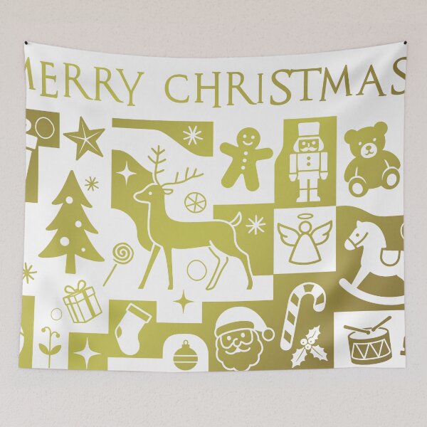 Item preview, Christmas greetings, holiday themed patchwork collage with festive symbols and icons in white and gold designed and sold by 4Seasons.