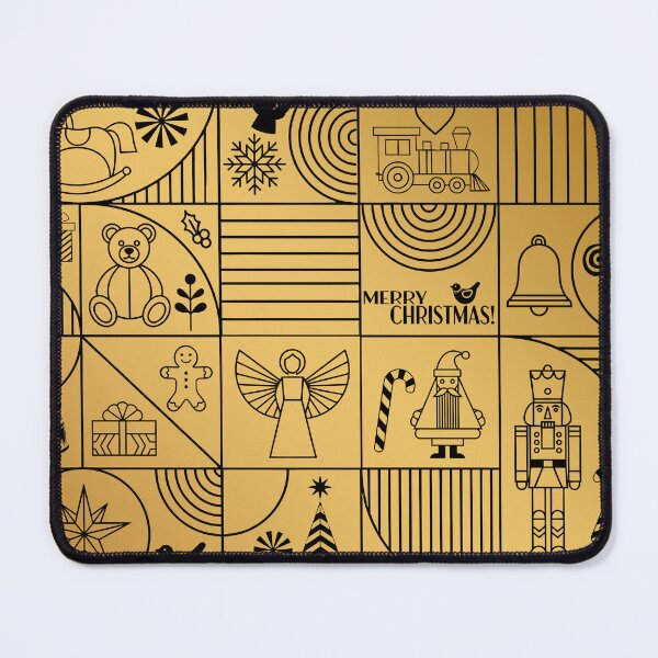 Item preview, Christmas greetings, holiday themed patchwork collage with festive symbols and icons in Art Deco style, black on gold designed and sold by 4Seasons.