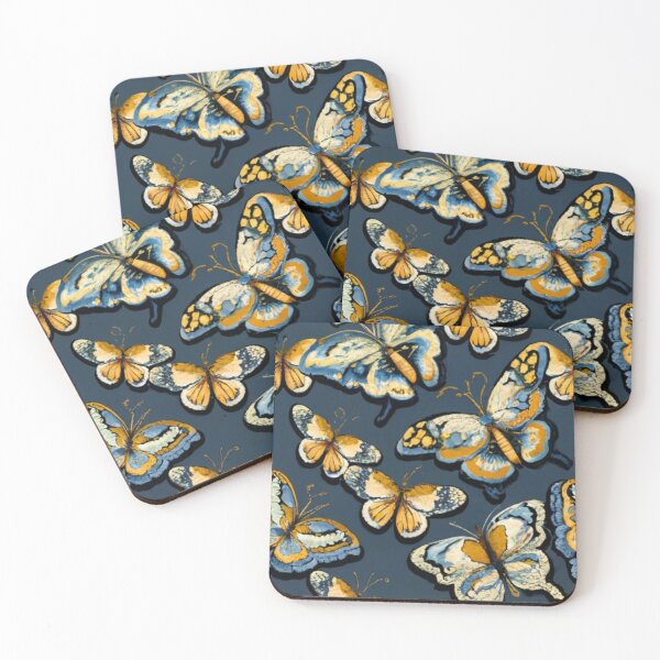 Item preview, logo Mosaic butterflies, black background color with gold patterns and details, abstract style, diffused lighting, natural colors, hyper quality, clear image illustration gold designed and sold by gulka8.