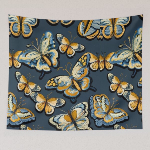 Item preview, logo Mosaic butterflies, black background color with gold patterns and details, abstract style, diffused lighting, natural colors, hyper quality, clear image illustration gold designed and sold by gulka8.