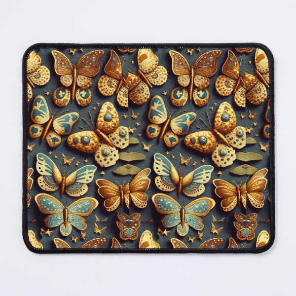 Item preview, logo Mosaic butterflies, black background color with gold patterns and details, abstract style, diffused lighting, natural colors, hyper quality, clear image illustration gold designed and sold by gulka8.