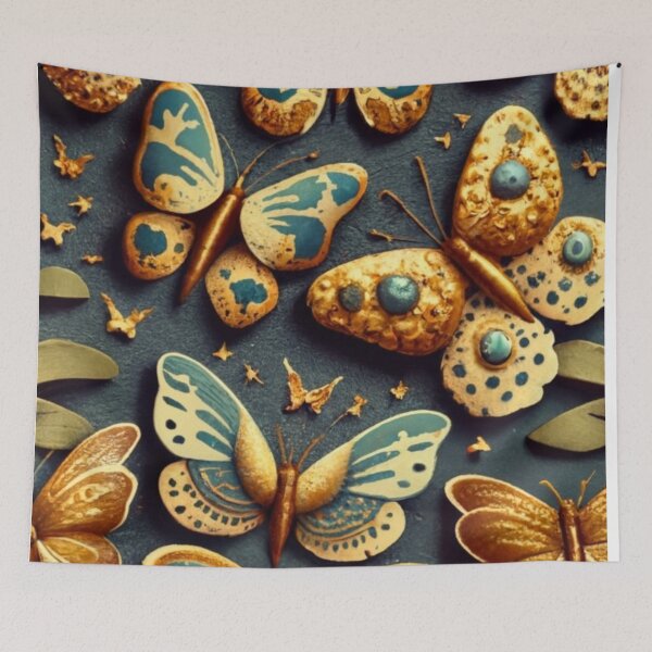 Item preview, logo Mosaic butterflies, black background color with gold patterns and details, abstract style, diffused lighting, natural colors, hyper quality, clear image illustration gold designed and sold by gulka8.