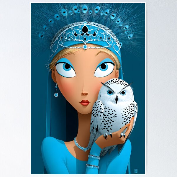 Item preview, Elegant Woman with Owl in Blue Tones and Diamonds designed and sold by Artessie.