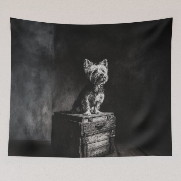 Item preview, A proud Yorkshire Terrier standing atop an old wooden crate, Dogs in Motion designed and sold by CDC40.