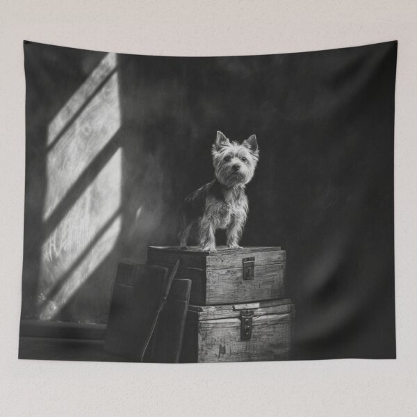 Item preview, A proud Yorkshire Terrier standing atop an old wooden crate, Dogs in Motion designed and sold by CDC40.