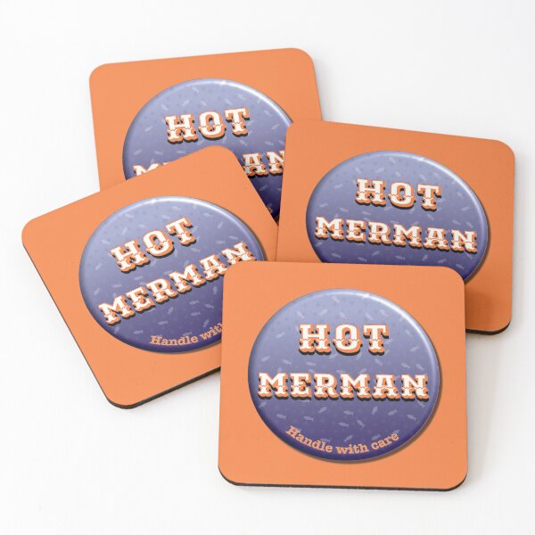 Item preview, Hot Merman badge, symmetrical pattern, handle with care, strong orange background designed and sold by WONDERPRINTVALLEY.