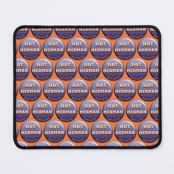 Item preview, Hot Merman badge, symmetrical pattern, handle with care, strong orange background designed and sold by WONDERPRINTVALLEY.