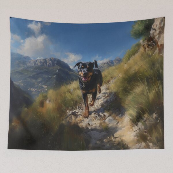 Item preview, A powerful Rottweiler running along a rugged mountain trail, Dogs in Motion designed and sold by CDC40.