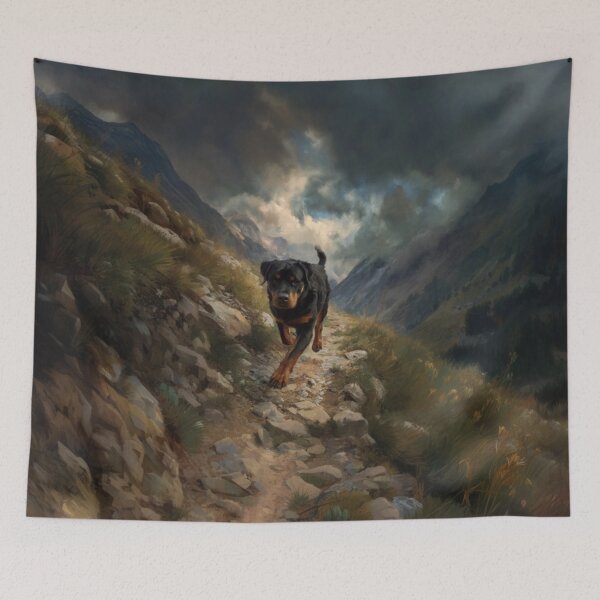 Item preview, A powerful Rottweiler running along a rugged mountain trail, Dogs in Motion designed and sold by CDC40.