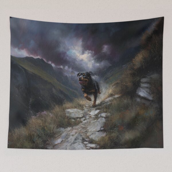 Item preview, A powerful Rottweiler running along a rugged mountain trail, Dogs in Motion designed and sold by CDC40.