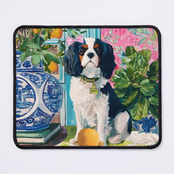 Item preview, Grandmillennial art, King Charles spaniel in Palm Beach room designed and sold by SophieClimaArt.