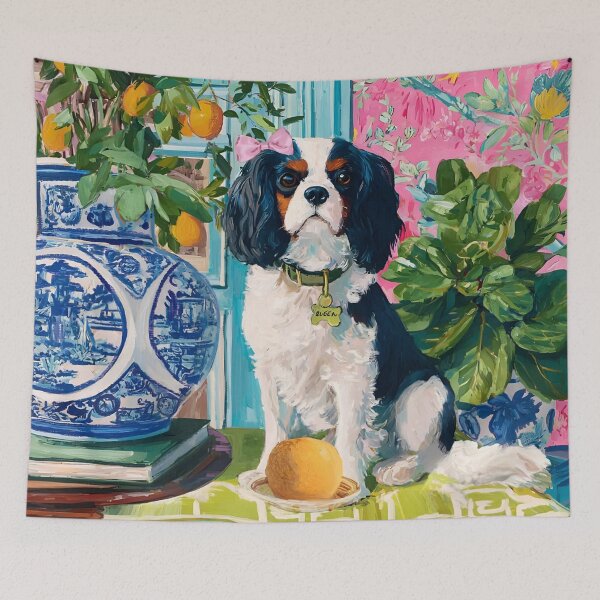 Item preview, Grandmillennial art, King Charles spaniel in Palm Beach room designed and sold by SophieClimaArt.