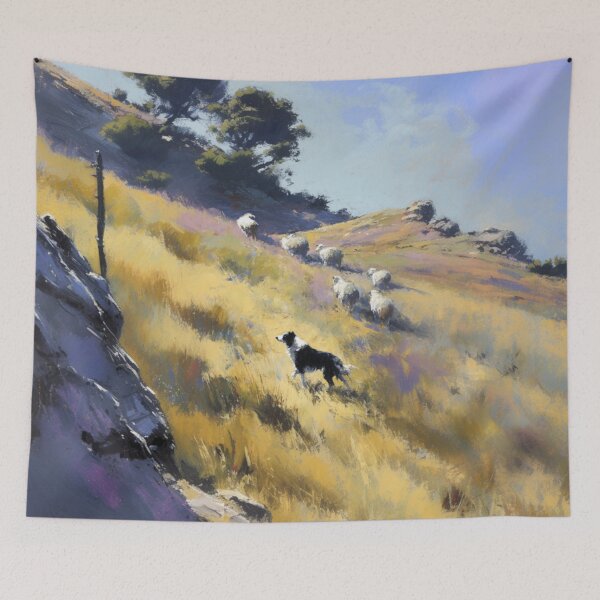 Item preview, A playful Border Collie herding sheep across rolling hills, Dogs in Motion designed and sold by CDC40.