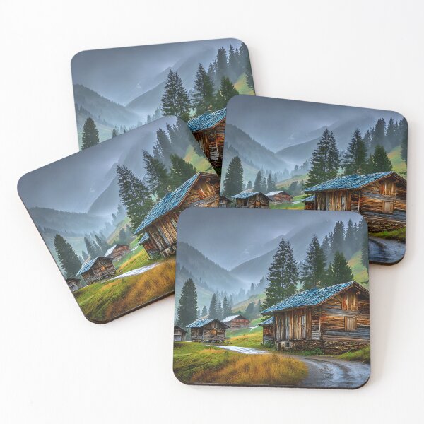 Item preview, Serene Misty Valley with Rustic Wooden Cabins designed and sold by Artessie.