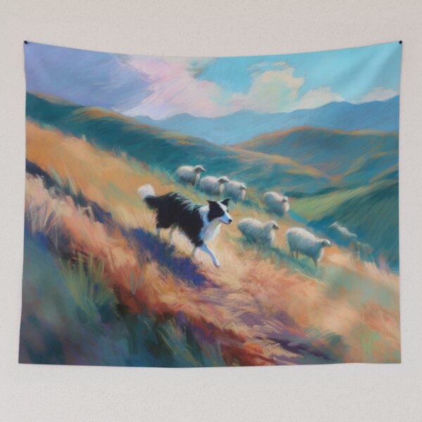 Item preview, A playful Border Collie herding sheep across rolling hills, Dogs in Motion designed and sold by CDC40.