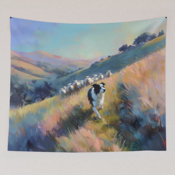 Item preview, A playful Border Collie herding sheep across rolling hills, Dogs in Motion designed and sold by CDC40.