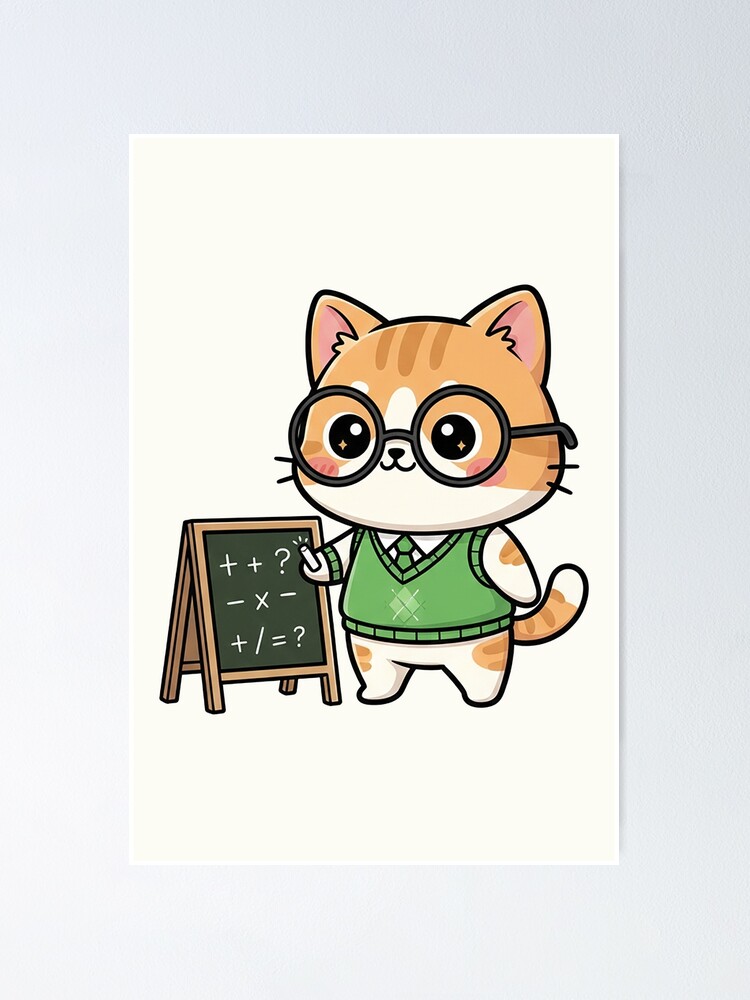 Thumbnail 1 of 3, Poster, Cute Chibi Math Teacher Cat designed and sold by HoopeStylee.