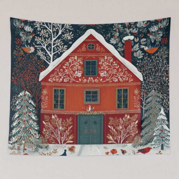 Item preview, Nordic Folk Art Winter House with Birds and Snowy Trees designed and sold by dawnleblanc55.