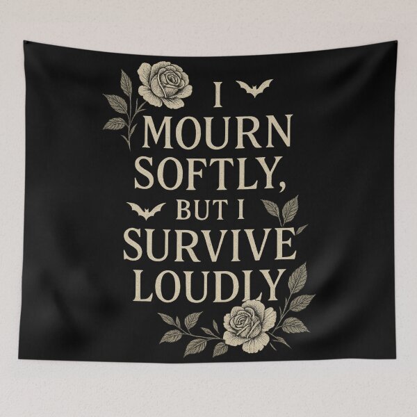 Item preview, I Mourn Softly, But I Survive Loudly – Gothic Resilience Quote – Roses & Bats Dark Aesthetic designed and sold by Mouraludia.
