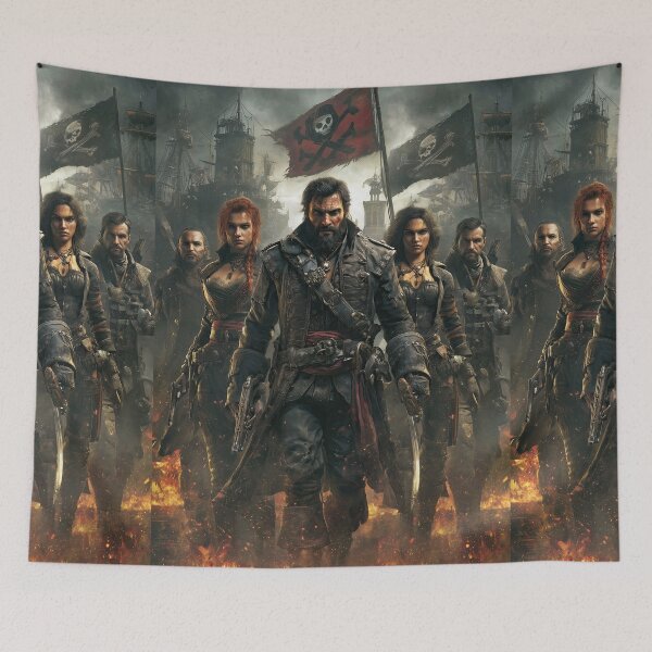 Item preview, Group of treasure hunters with map amidst fire designed and sold by Piotrek0001.