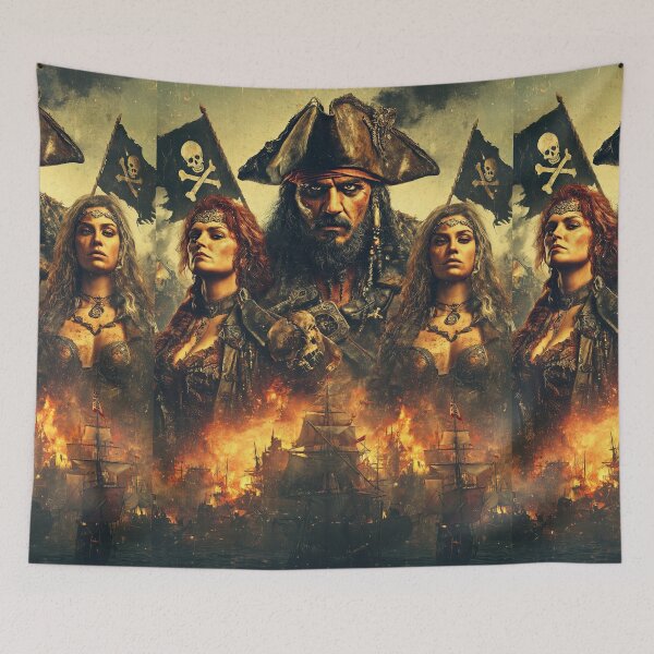 Item preview, Portrait of menacing pirate with skull flag background designed and sold by Piotrek0001.