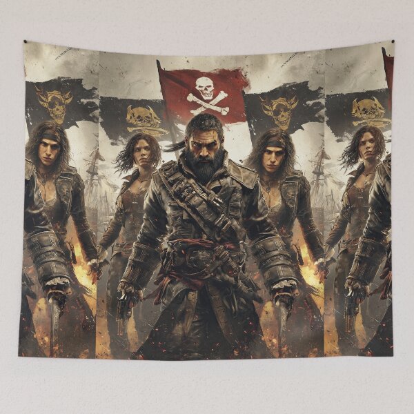 Item preview, Skull and crossbones symbol above heads of pirates designed and sold by Piotrek0001.