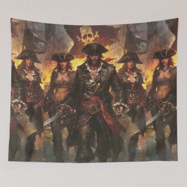 Item preview, Victorious corsair crew against burning port city background designed and sold by Piotrek0001.