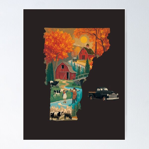Item preview, Vermont Fall Barn Art Print - Vintage Truck Autumn Vermont Map Illustration designed and sold by TitanRN.