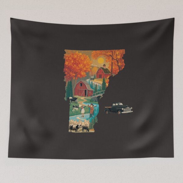 Item preview, Vermont Fall Barn Art Print - Vintage Truck Autumn Vermont Map Illustration designed and sold by TitanRN.