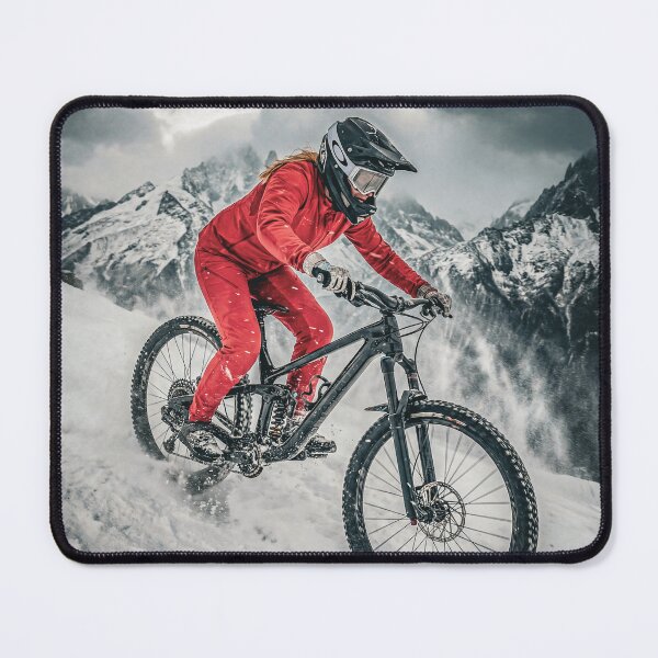 Item preview, Female MTB Rider in Alpine Blizzard – Extreme Snowstorm Downhill Photography. designed and sold by Hinson MTB Visuals.