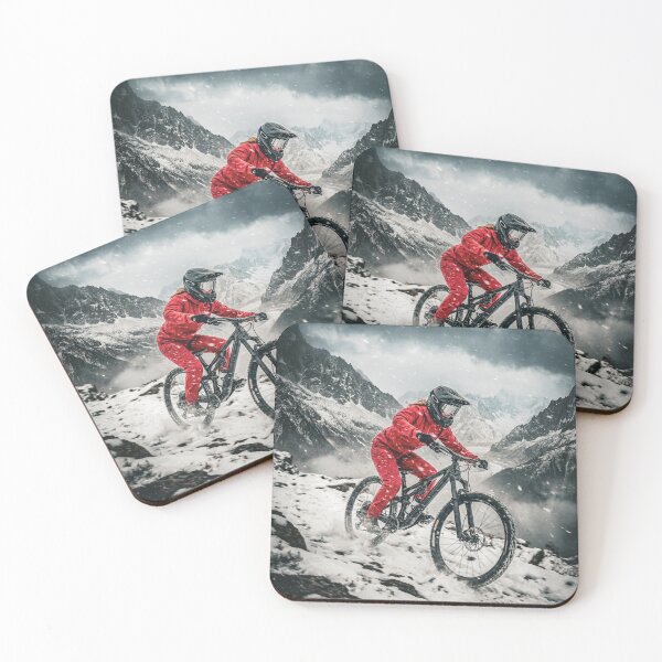 Item preview, Female Pro Mountain Biker in Snowstorm – Red Suit Rider Charging Down Icy Alpine Trail. designed and sold by Hinson MTB Visuals.