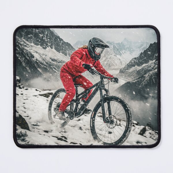 Item preview, Female Pro Mountain Biker in Snowstorm – Red Suit Rider Charging Down Icy Alpine Trail. designed and sold by Hinson MTB Visuals.