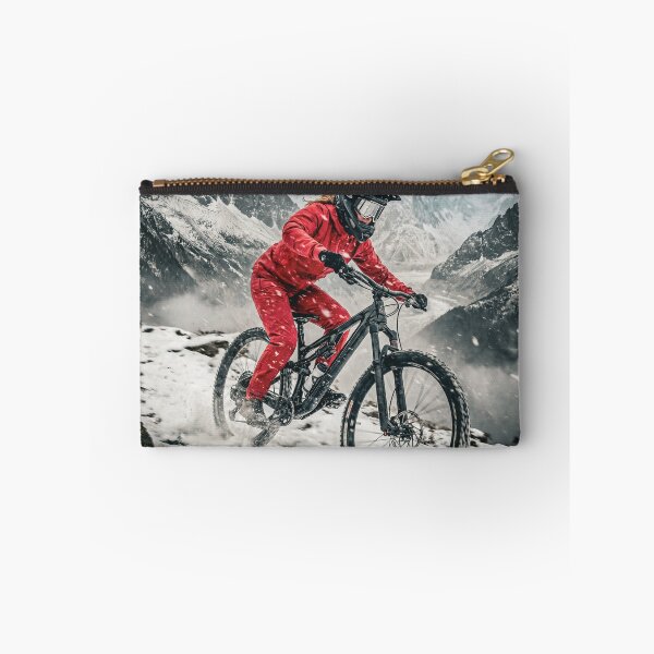Item preview, Female Pro Mountain Biker in Snowstorm – Red Suit Rider Charging Down Icy Alpine Trail. designed and sold by Hinson MTB Visuals.