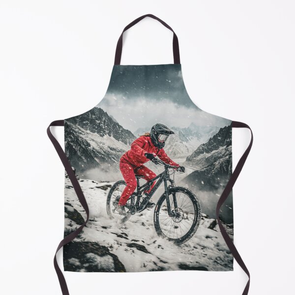 Item preview, Female Pro Mountain Biker in Snowstorm – Red Suit Rider Charging Down Icy Alpine Trail. designed and sold by Hinson MTB Visuals.