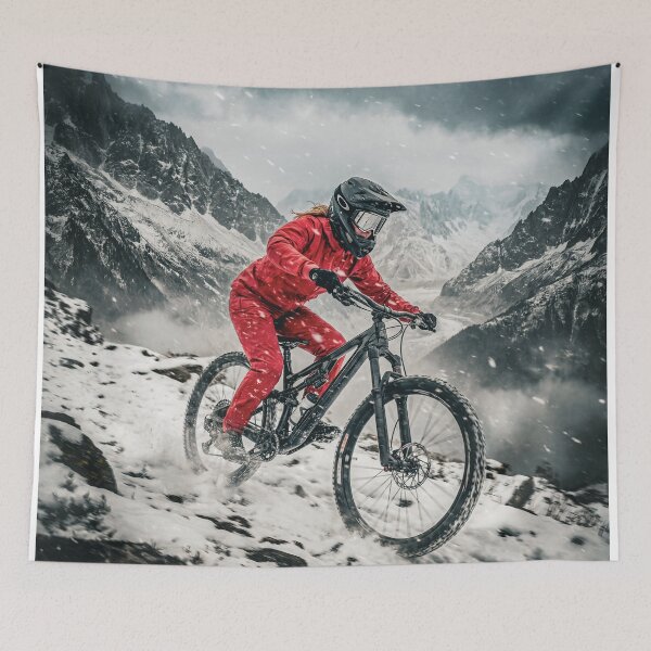Item preview, Female Pro Mountain Biker in Snowstorm – Red Suit Rider Charging Down Icy Alpine Trail. designed and sold by Hinson MTB Visuals.