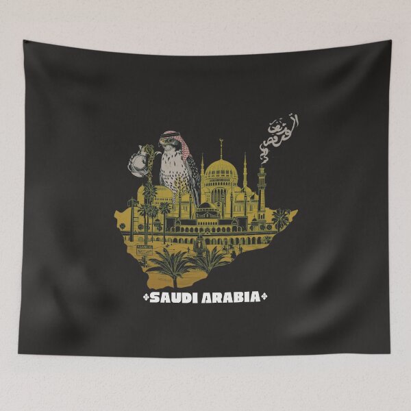 Item preview, Saudi Arabia Map Art Falcon Mosque Gold Black Design designed and sold by TitanRN.