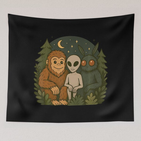 Item preview, Whimsical Cute Mothman Bigfoot And Alien Funny Cryptid Art designed and sold by ClaraTeresa1.