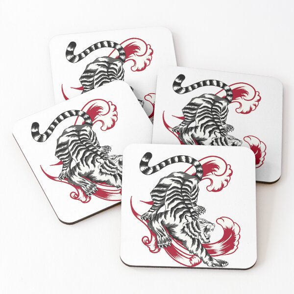 Item preview, Retro White Tiger Art - Black and White Tiger with Red Flames - Japanese Style designed and sold by leen12 Art Designs Prints.
