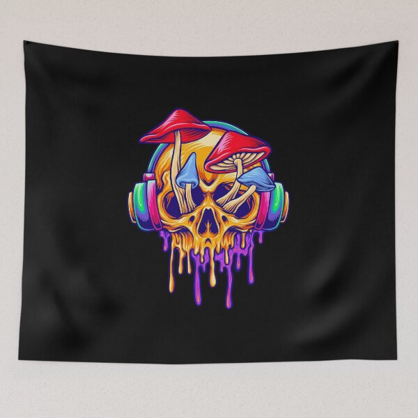 Item preview, Funky Psychedelic Skull Mushrooms - Neon Rainbow Drip Art - Trippy Shroom Skull designed and sold by leen12 Art Designs Prints.