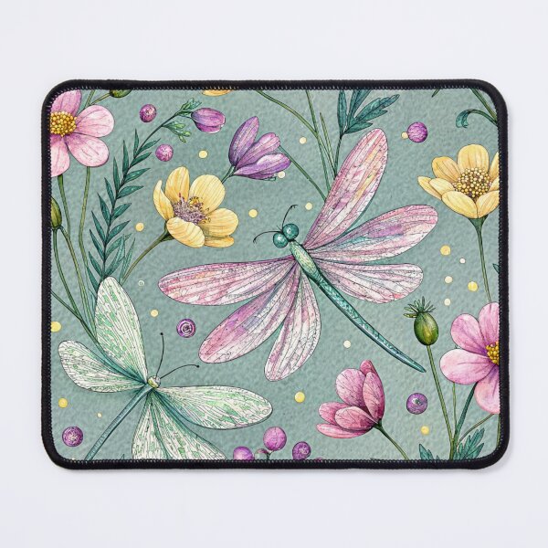 Aperçu de l'œuvre Motif sans couture libellule et fleurs à l'aquarelle – Design botanique printanier fantaisiste créée et vendue par CHRONIN.