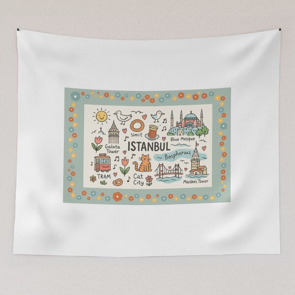 Item preview, Whimsical Istanbul Illustrated Design – Hand-Drawn City Map with Iconic Landmarks, Cats, Tea & Bosphorus Charm designed and sold by asliberry.
