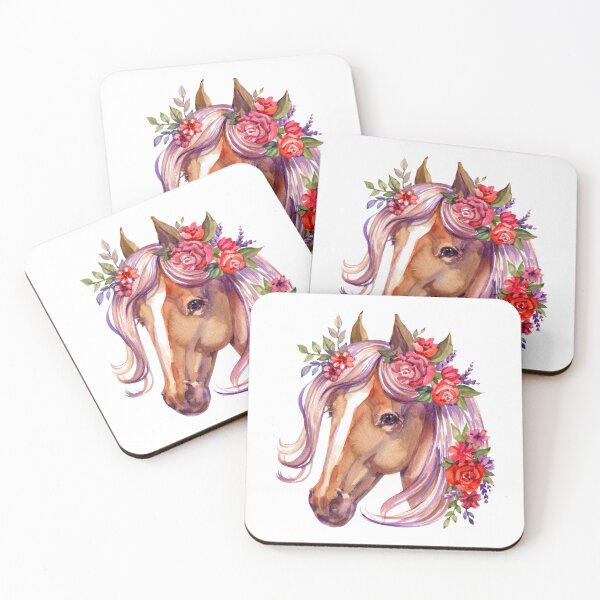 Item preview, Brown Horse in floral plant spring frame, circle. Portrait, head. Watercolor. Hand drawn Illustration designed and sold by NataliMias.