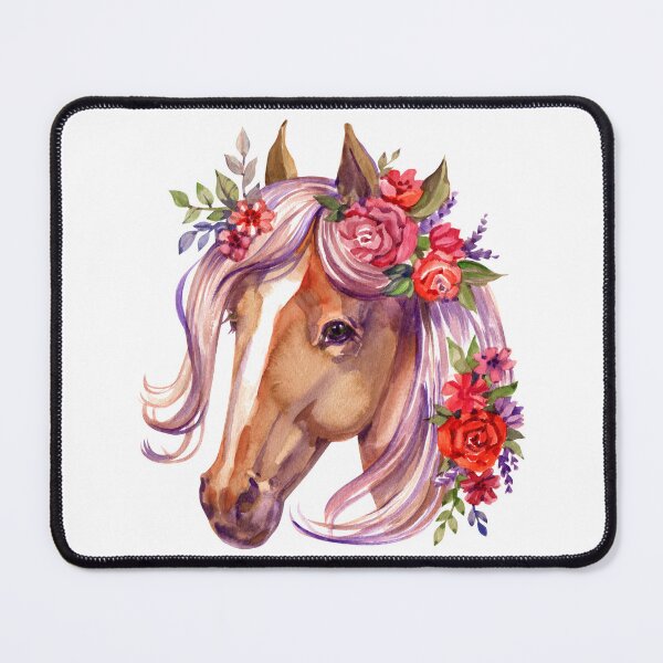 Item preview, Brown Horse in floral plant spring frame, circle. Portrait, head. Watercolor. Hand drawn Illustration designed and sold by NataliMias.