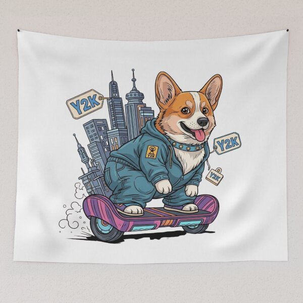 Item preview, Y2K Cyber Corgi on Hoverboard - 2000s Retro Futuristic Dog Art designed and sold by HypeHoundz.