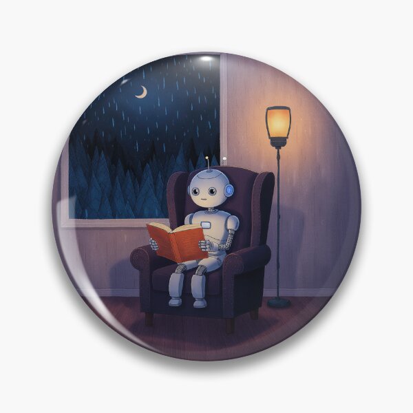 Item preview, Rainy Night Reader – Cozy Robot Art Print designed and sold by Whimsical Hug.